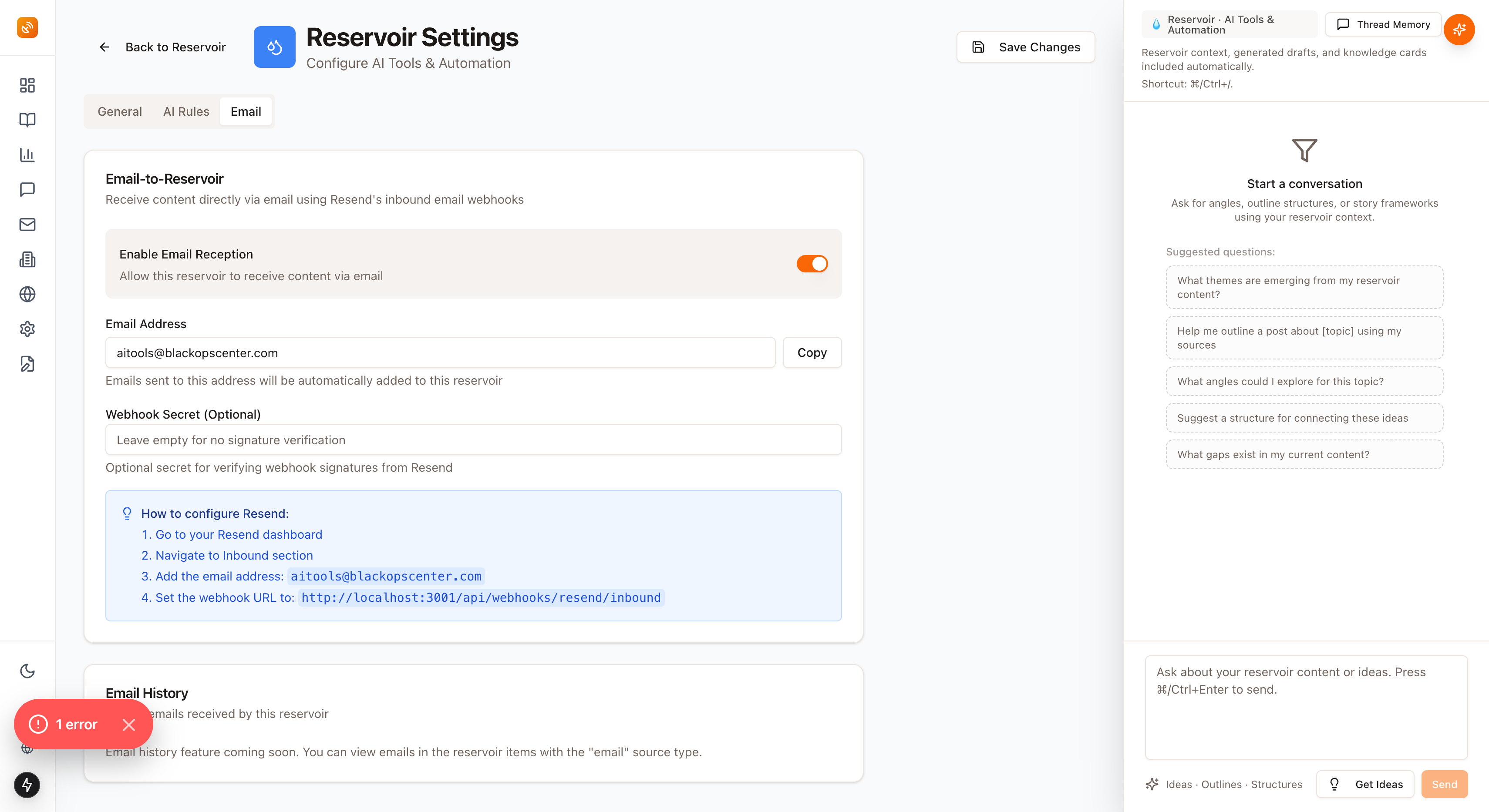 Reservoir Email Settings